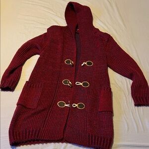Hand knit red and blue Hooded Toggle Cardigan